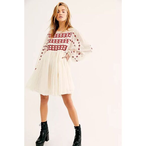 Free People Need Me Mini Dress Sheer Netting White Red Balloon Sleeve Size Small - Picture 1 of 7